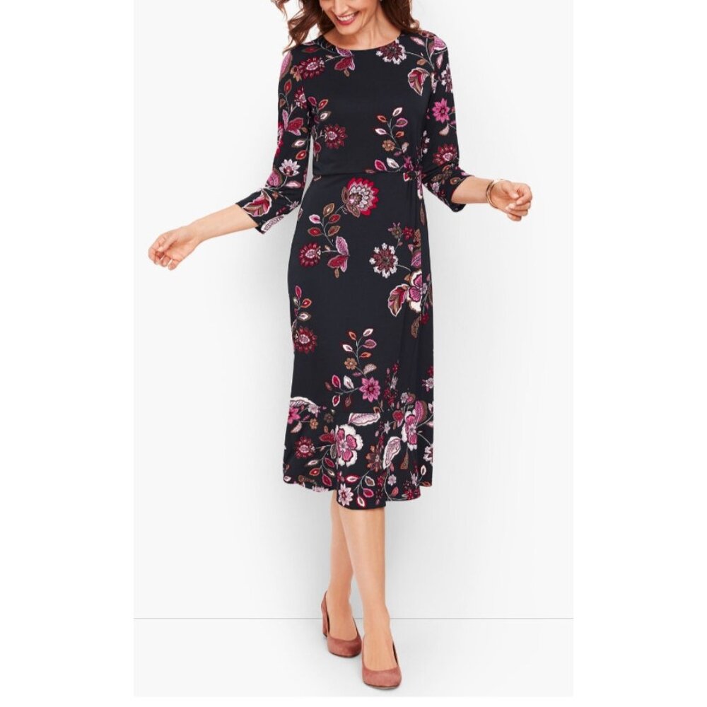 Talbots Dress 20W Black Pink Floral Long Sleeve Career Floral Washable NEW